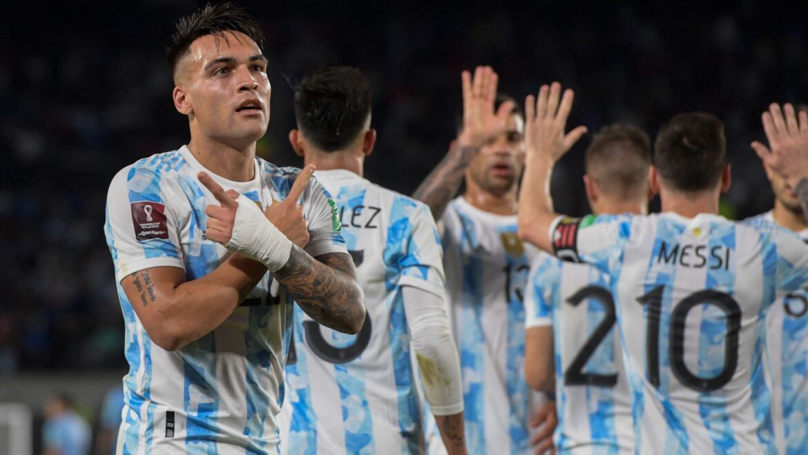 Lautaro Martinez scores against Uruguay in a 3-0 win